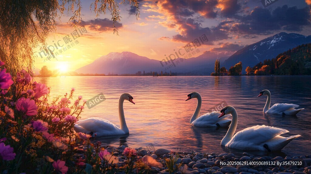 湖畔夕陽(yáng)下的優(yōu)雅天鵝