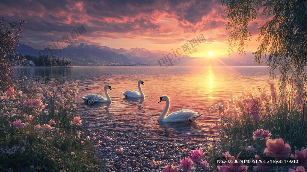 湖畔天鵝伴夕陽美景