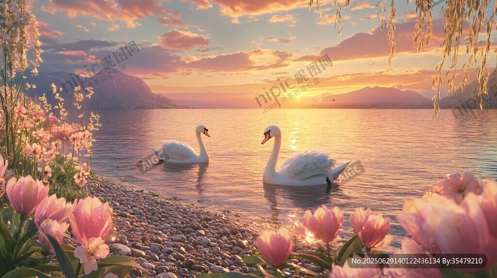 湖畔天鵝伴花海夕陽景