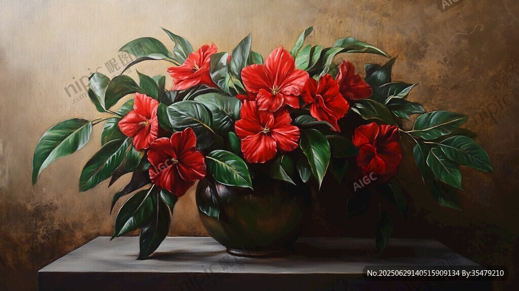 紅花朵朵插于古樸花瓶中