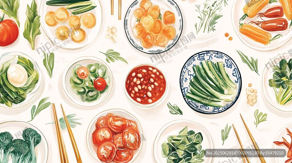 中式菜肴與新鮮蔬菜插畫