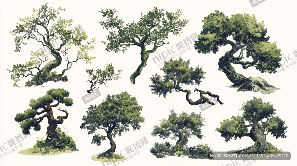 多樣盆景樹藝術插畫