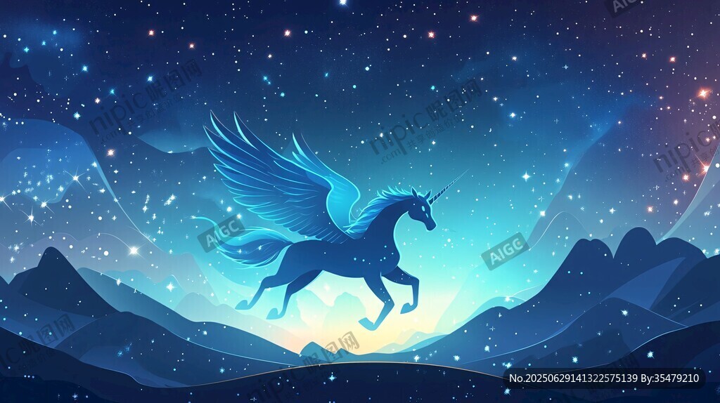 夢幻獨角獸于星空下飛翔