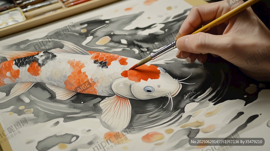 手繪錦鯉作畫瞬間