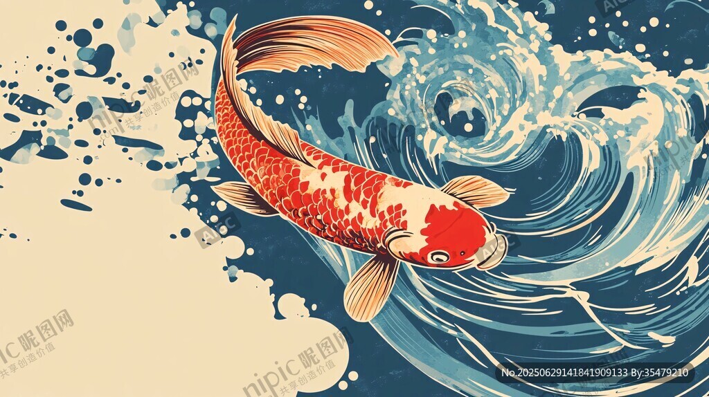 錦鯉暢游于洶涌浪花中