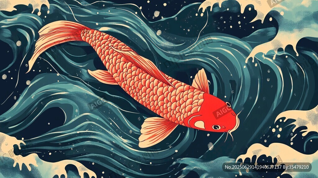 錦鯉游弋于洶涌海浪間
