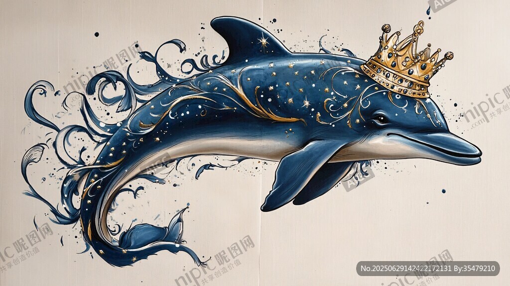 海豚戴皇冠的奇幻插畫