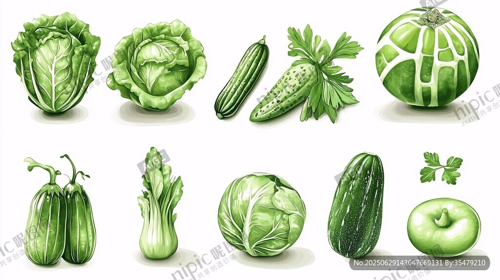 綠色蔬菜與水果插畫集合