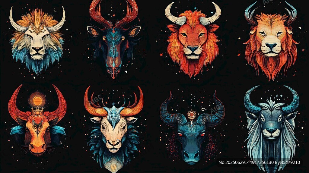 奇幻風格獅與牛動物頭像