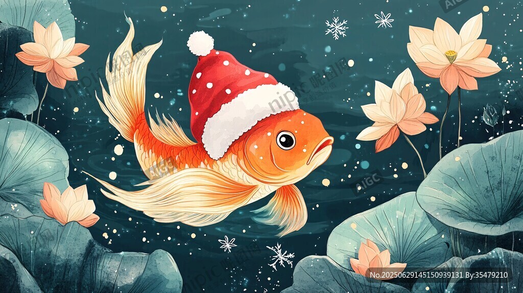 戴圣誕帽暢游蓮花池的金魚