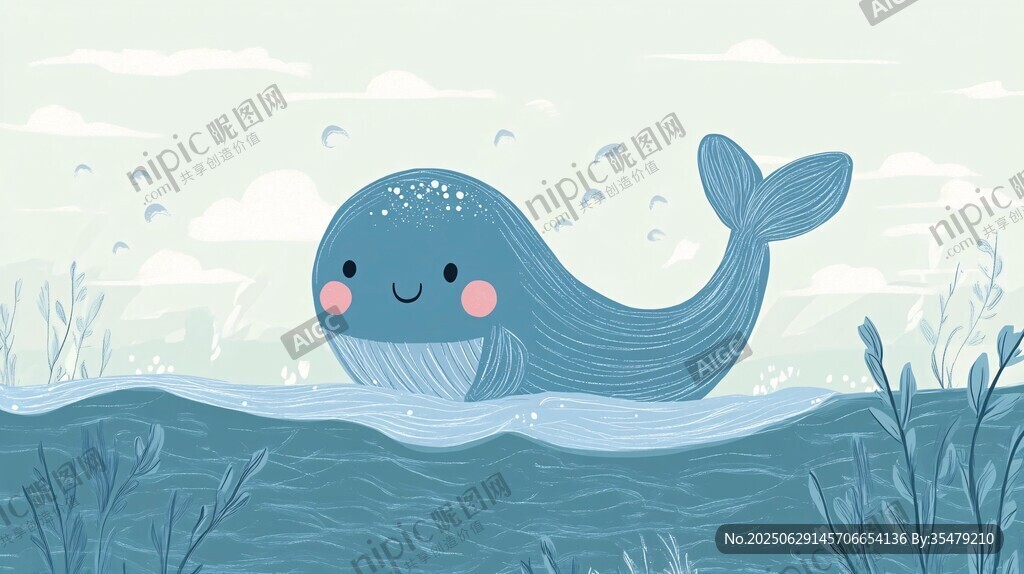 可愛藍鯨暢游藍色海洋