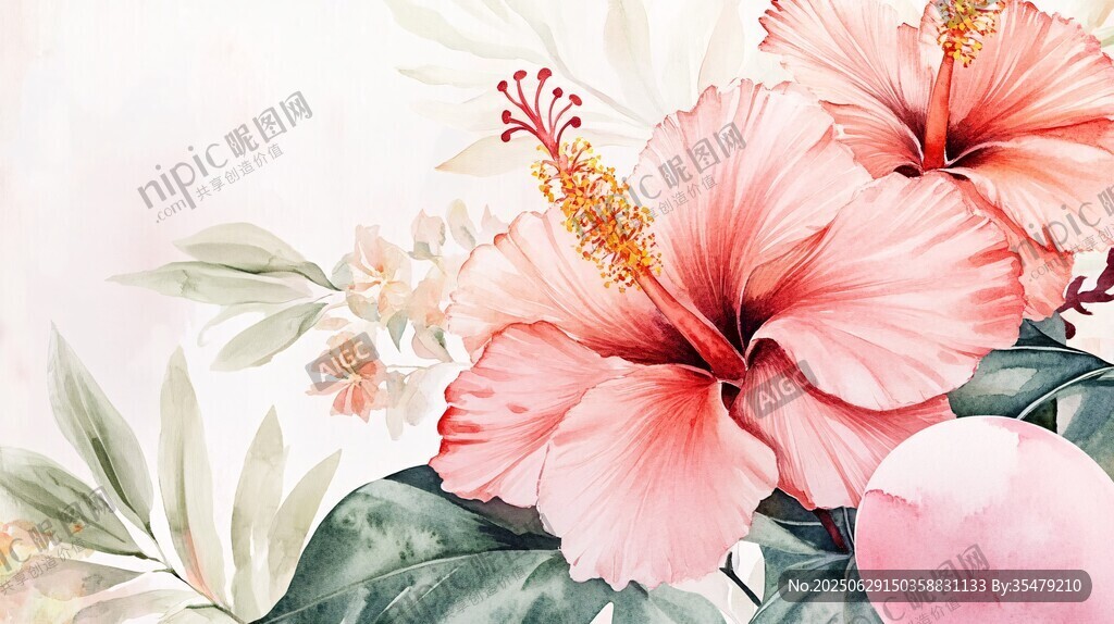 粉色木槿花水彩插畫