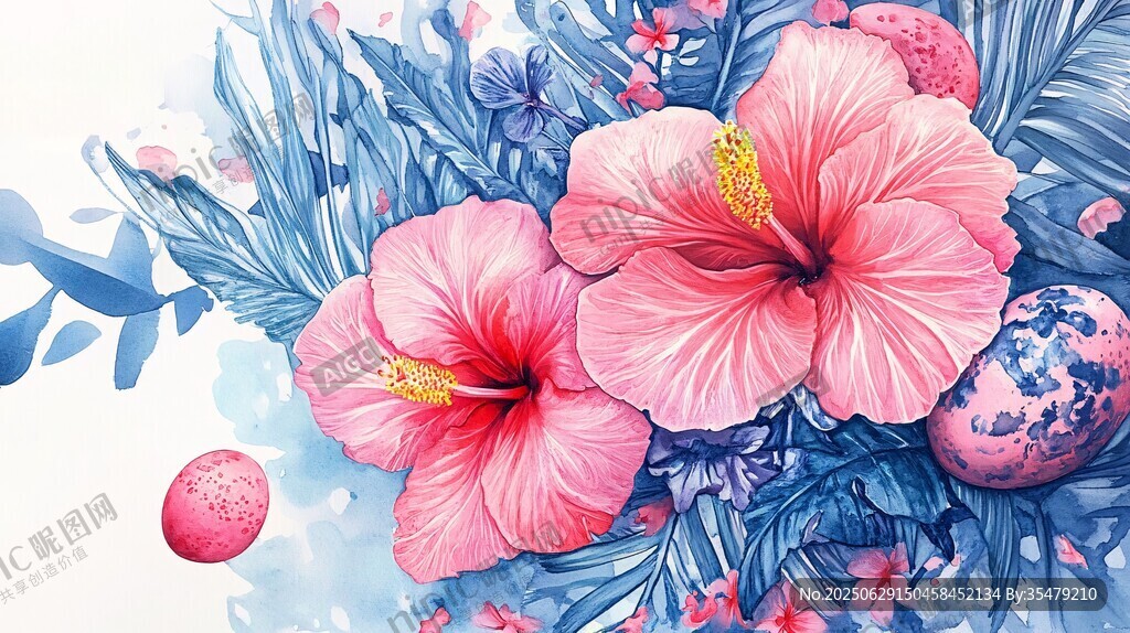 粉色木槿花卉水彩插畫