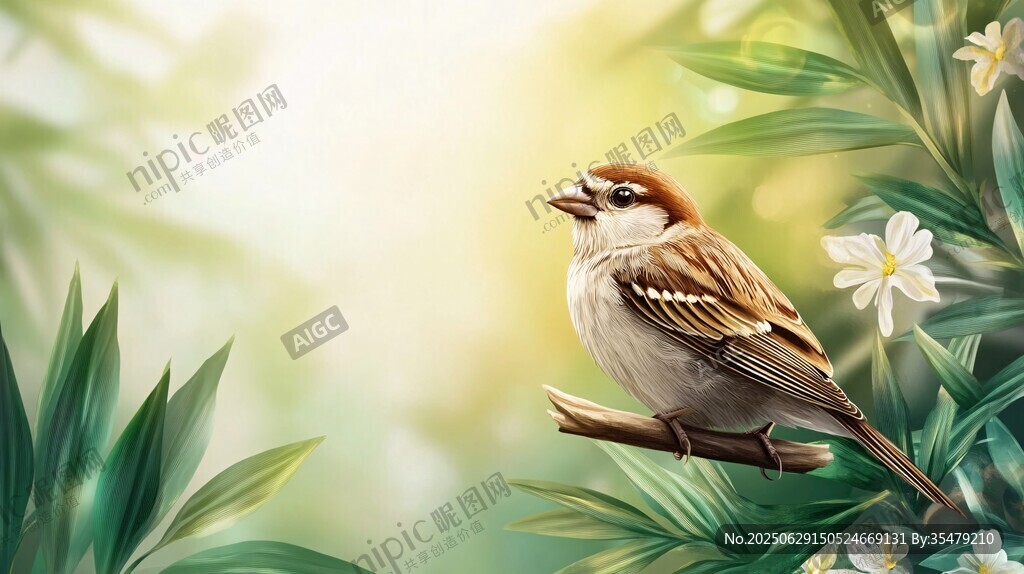 枝頭麻雀棲于蔥郁花葉間