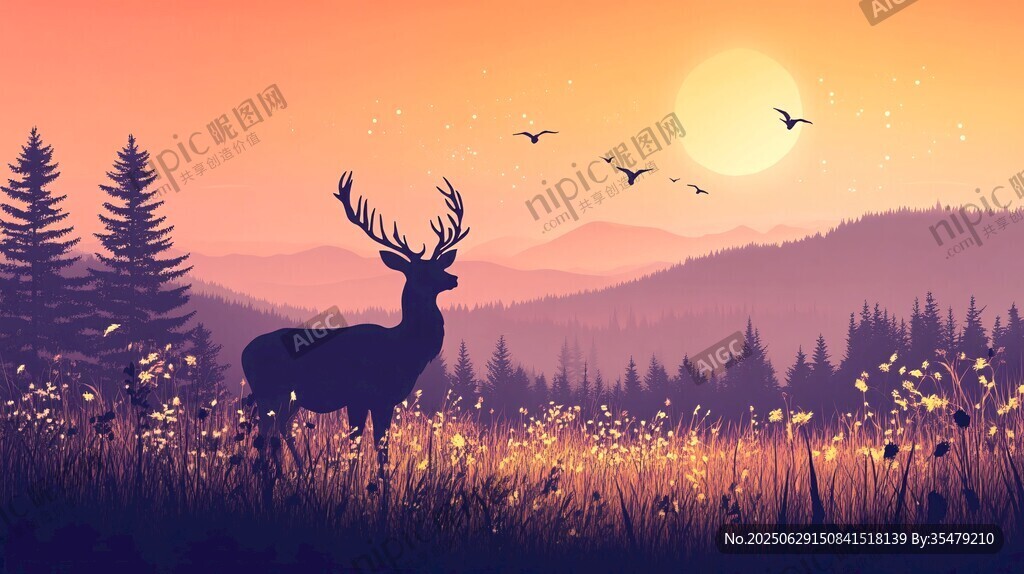 夕陽下的林間雄鹿與飛鳥