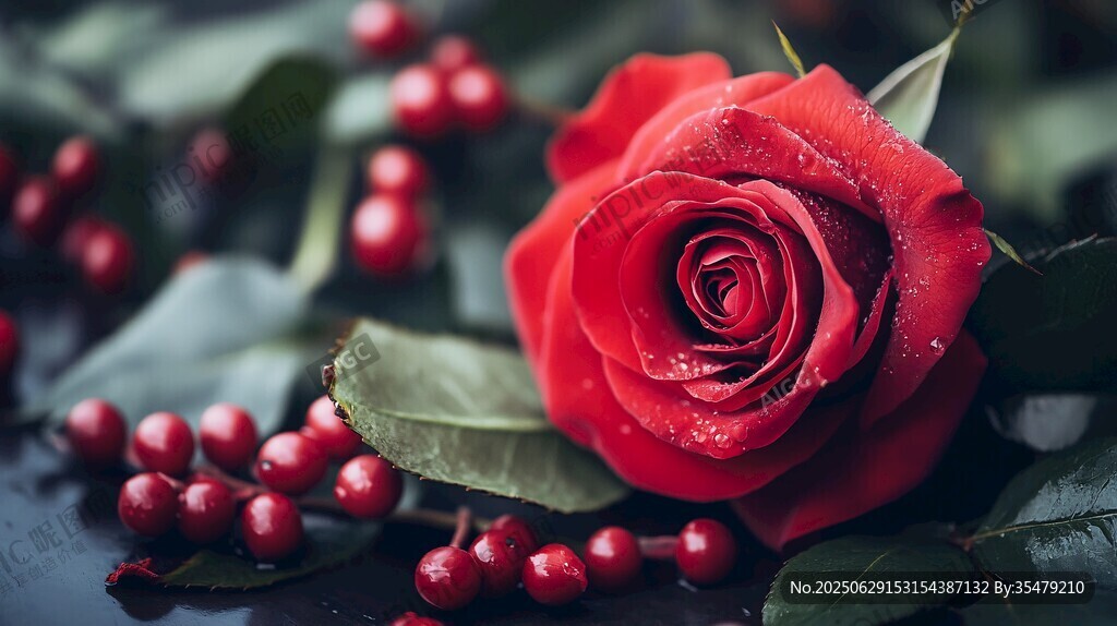 嬌艷紅玫瑰與紅果相依