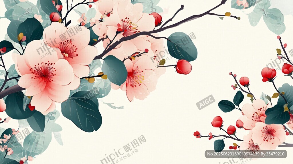 粉色花卉枝葉插畫
