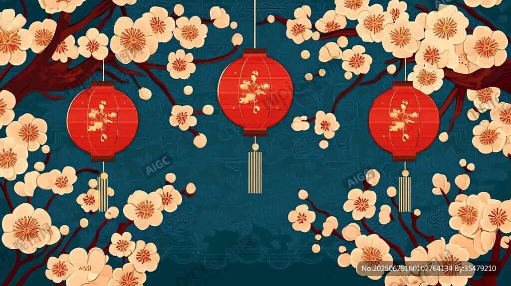 新春繁花紅燈喜慶圖景