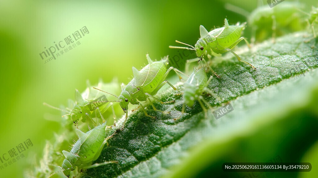 綠葉上的綠色小蚜蟲