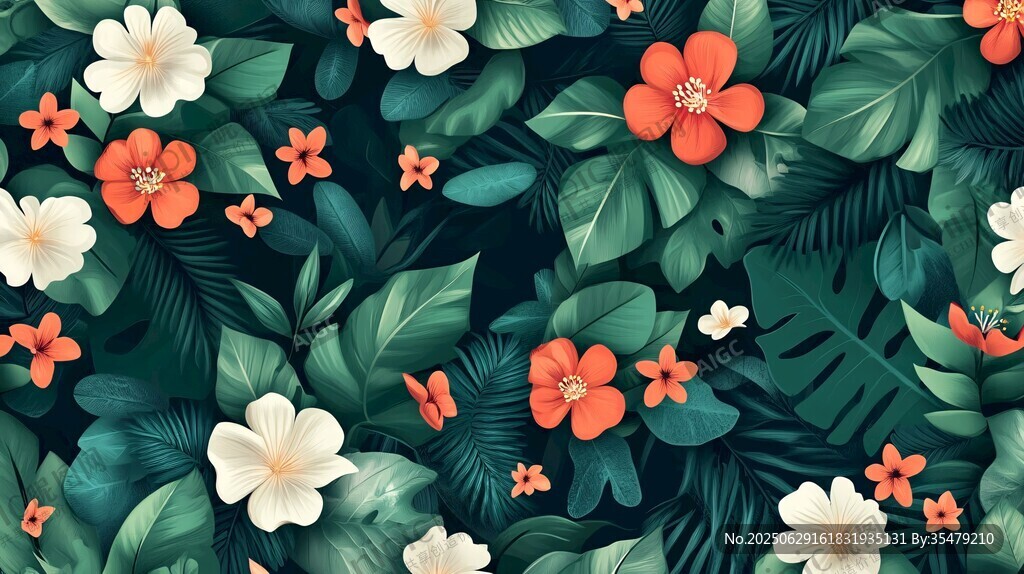 熱帶花卉綠葉圖案背景