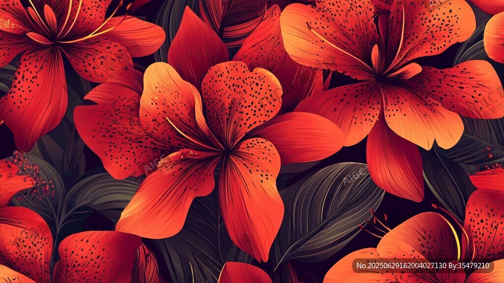 橙紅百合花卉圖案背景