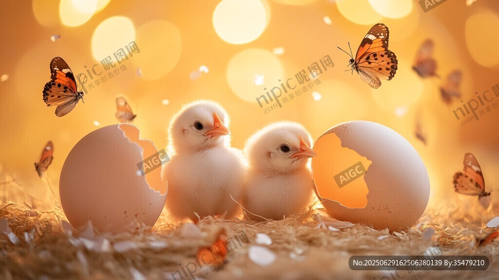 新生雛雞與飛舞蝴蝶場景