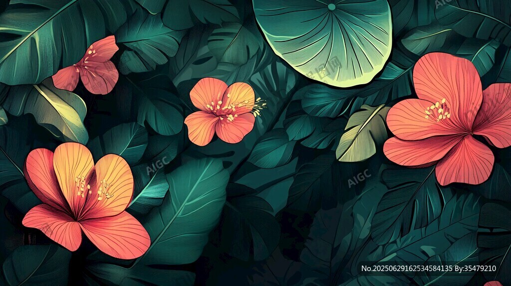 熱帶花卉與綠葉的夢幻組合