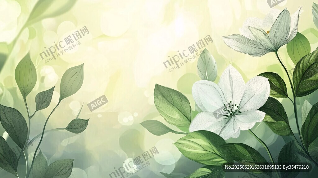 清新淡雅白花綠葉插畫