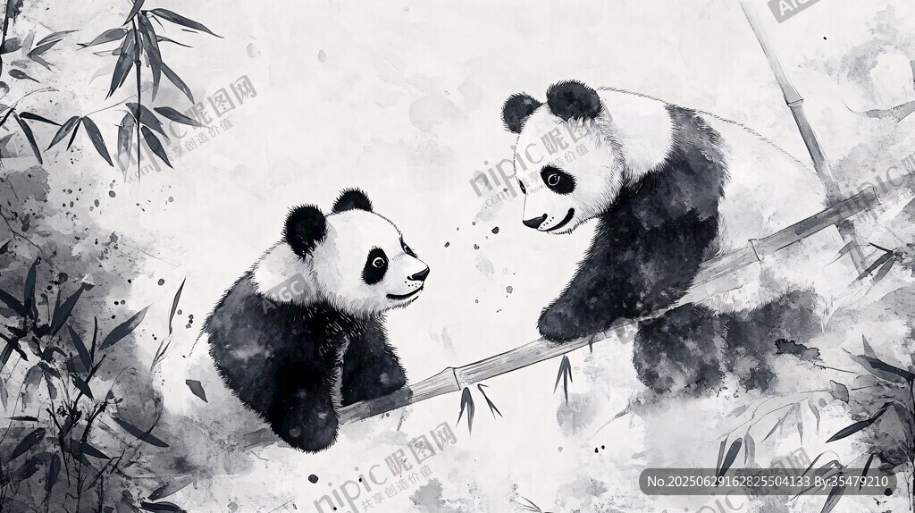 水墨風雙熊貓嬉戲圖