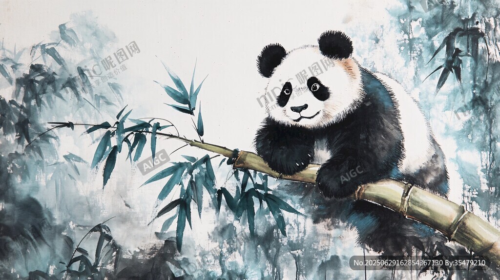 熊貓棲竹間 水墨繪憨態
