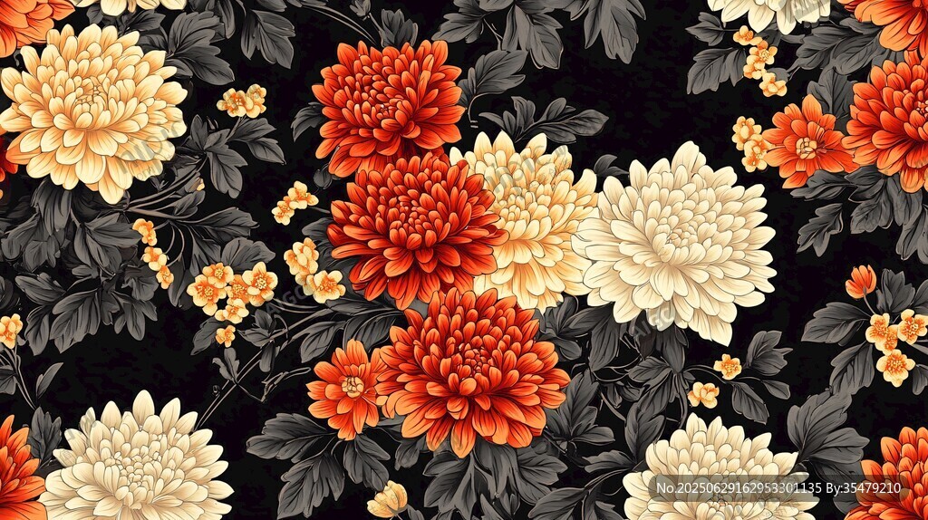 中式花卉圖案 多彩菊花背景