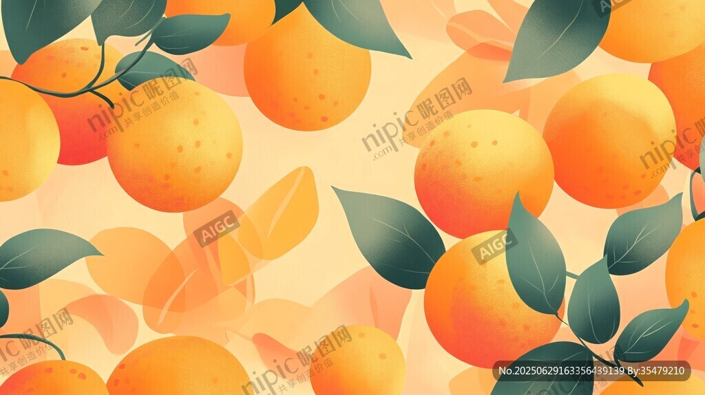 橘色水果插畫與綠葉元素