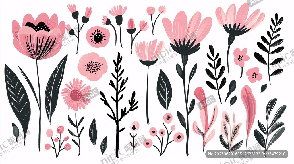 粉色花卉植物插畫元素