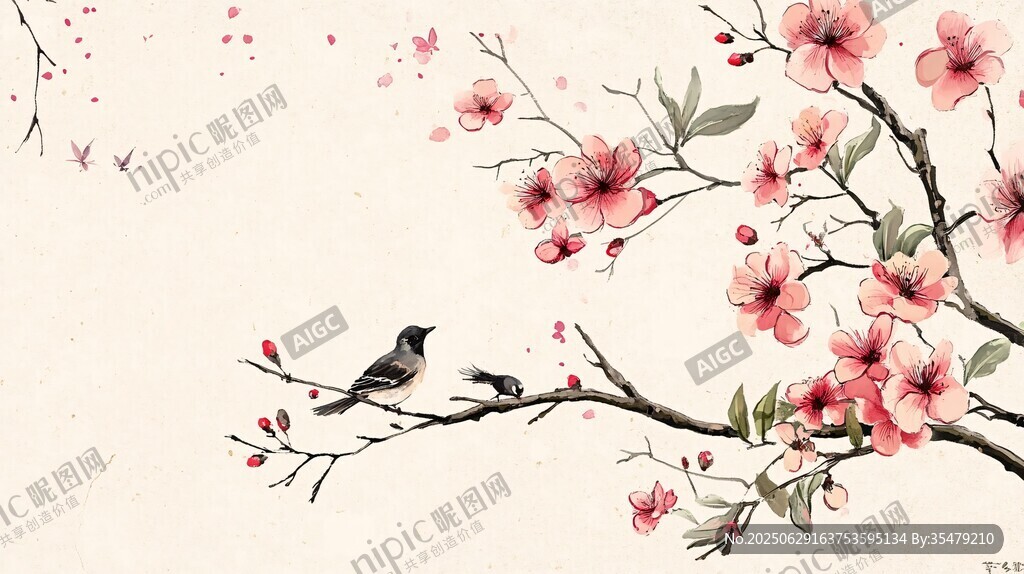 枝頭雙鳥伴繁花