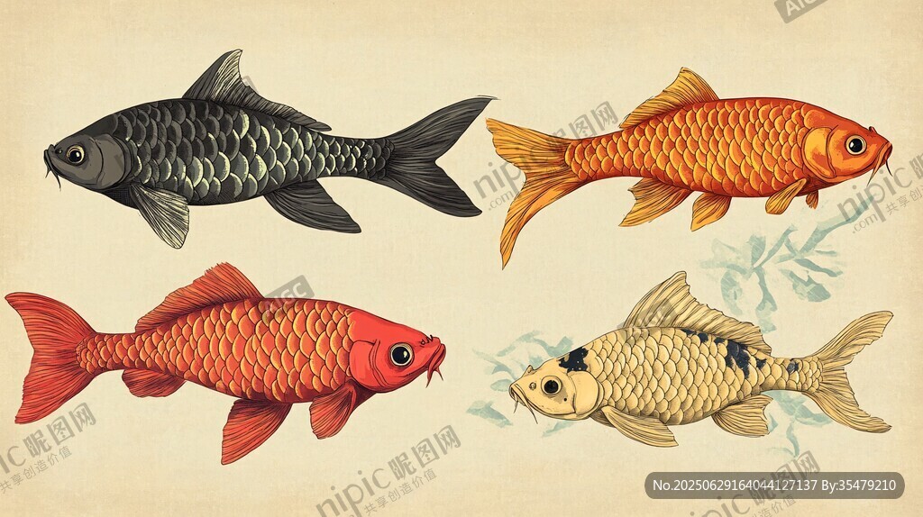 四條多彩金魚插畫圖