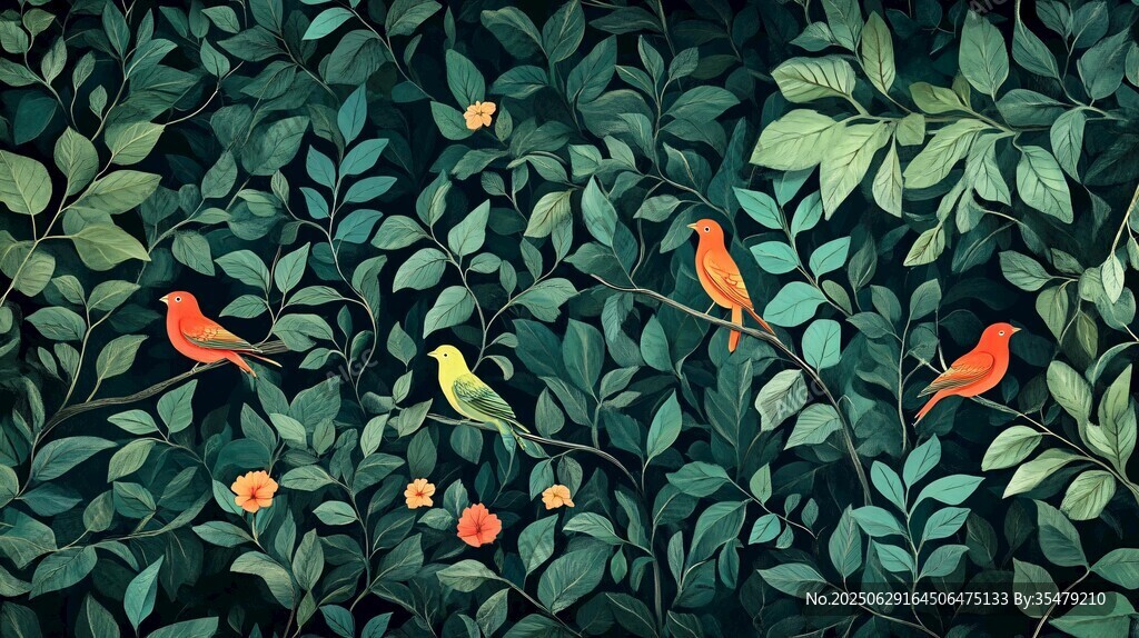 綠葉叢中鳥兒棲息圖