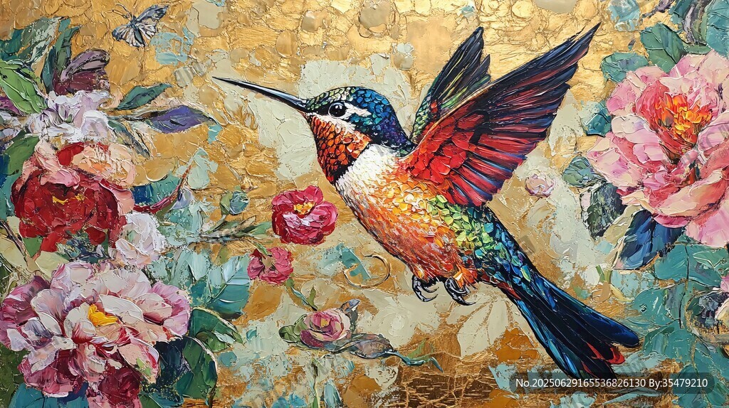 金箔背景蜂鳥與花卉圖