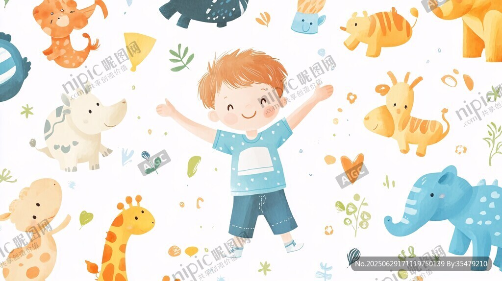 小男孩與可愛動物歡樂場景
