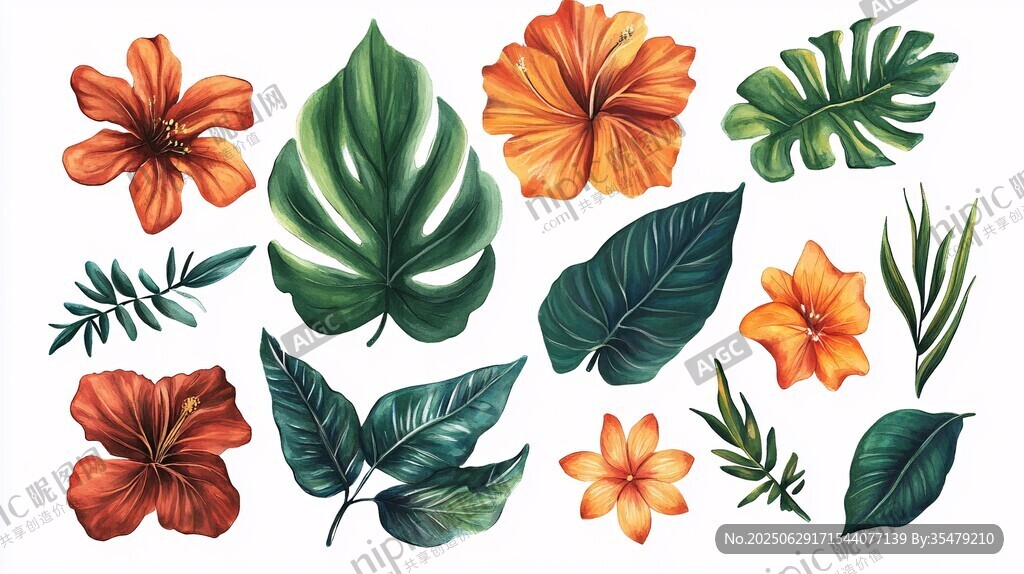 熱帶花卉與葉片插畫素材
