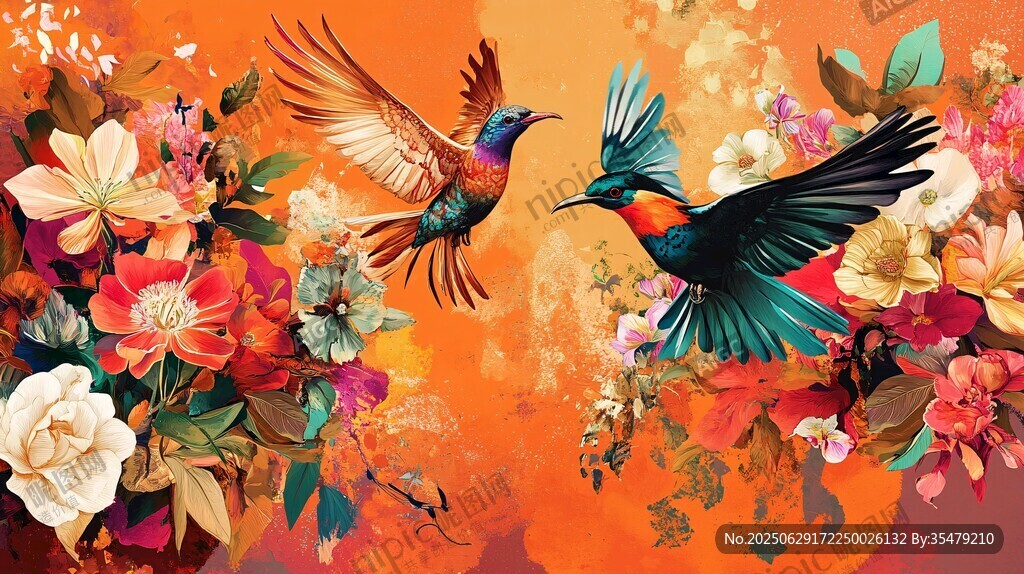 雙鳥繁花圖