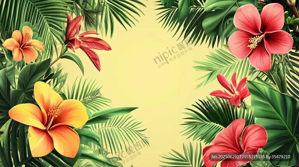 熱帶花卉與綠葉邊框背景