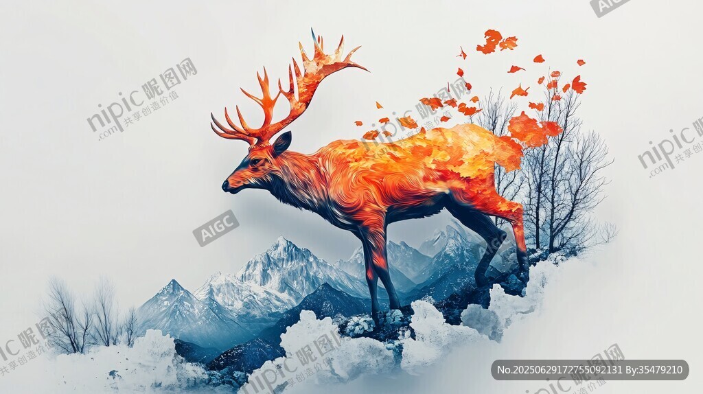 夢幻橙鹿躍于山水云霧間