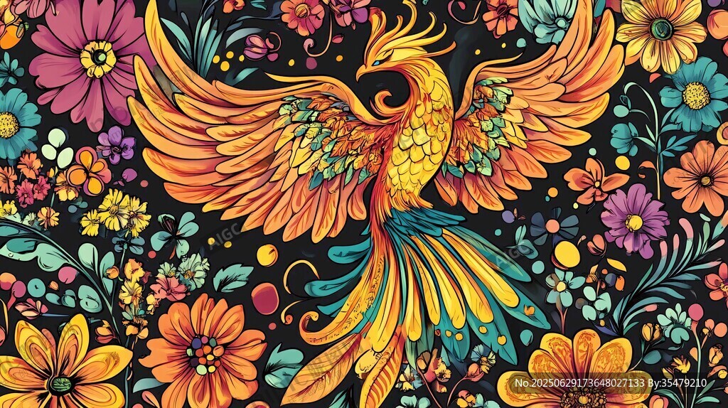 鳳凰于花叢中展翅飛舞