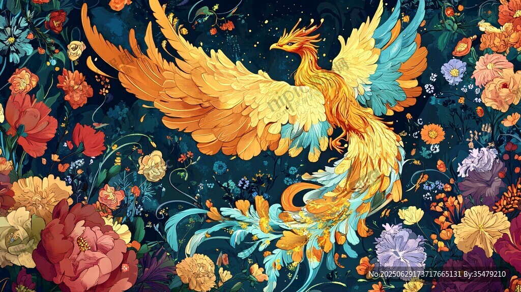 鳳凰于花海中展翅翱翔