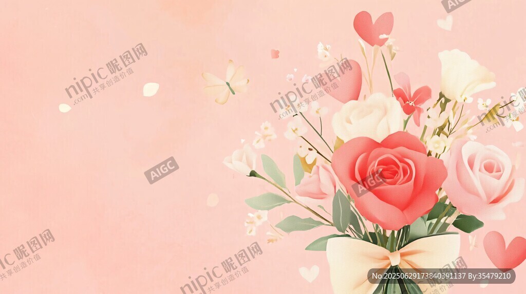 粉色浪漫花束與愛心裝點(diǎn)