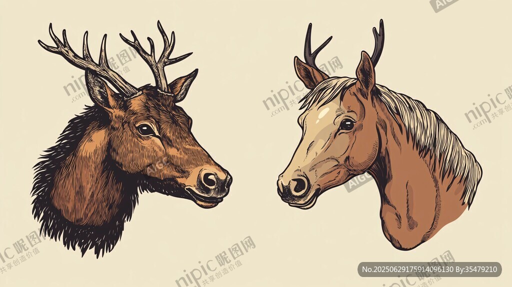鹿與馬的頭部插畫特寫