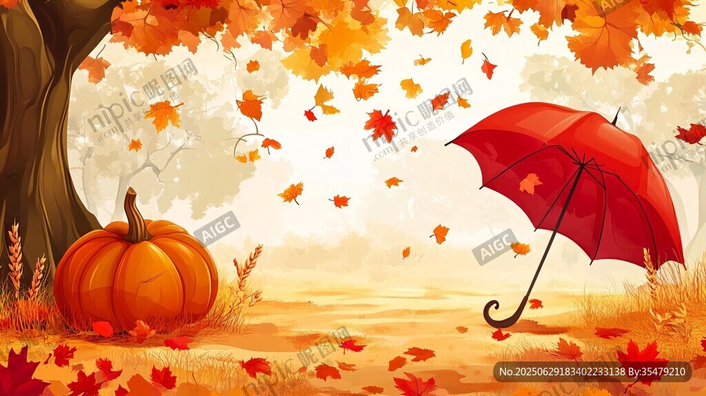 秋日樹下紅傘與南瓜景致
