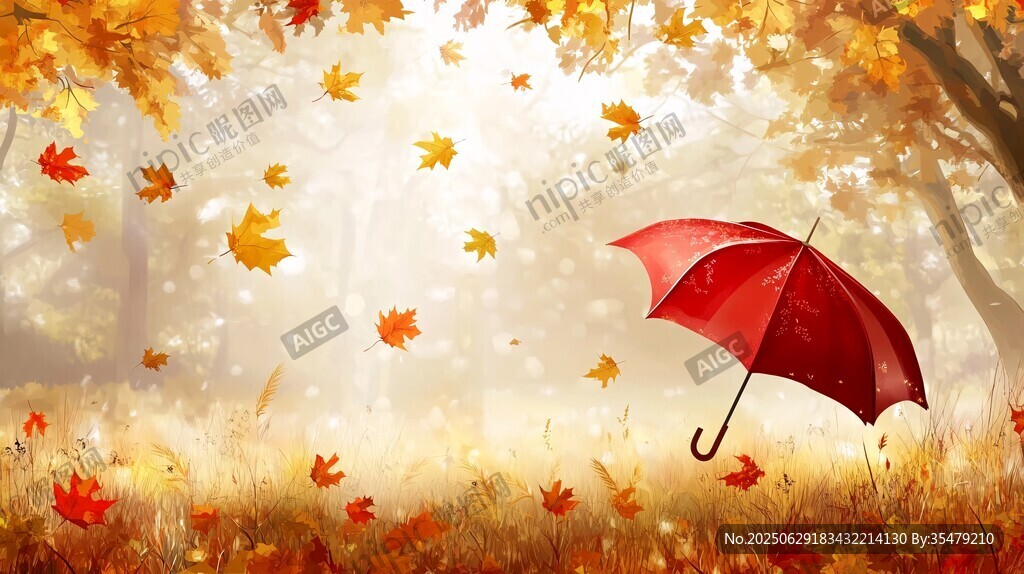 秋日紅傘下的落葉美景