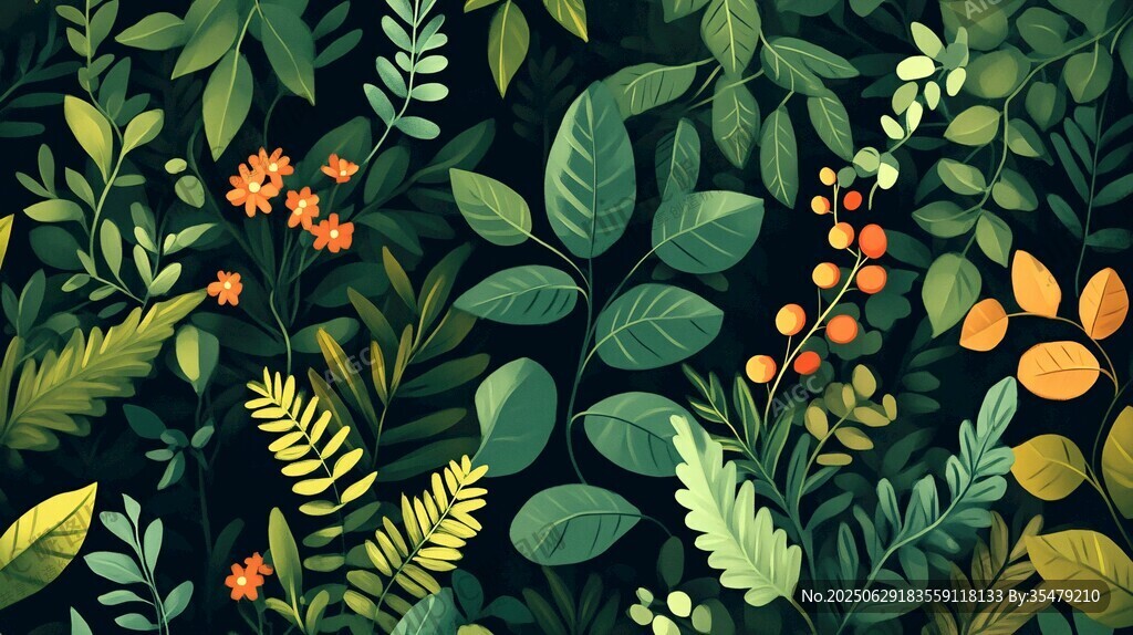 繁茂綠植花卉插畫(huà)圖案