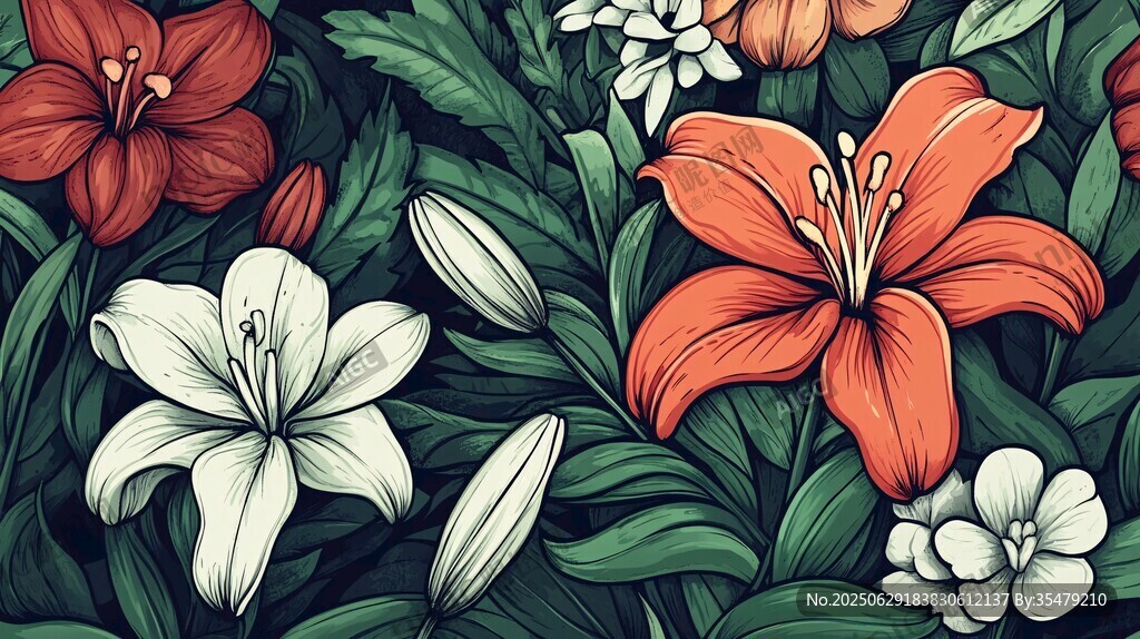 手繪多彩百合花植物圖案